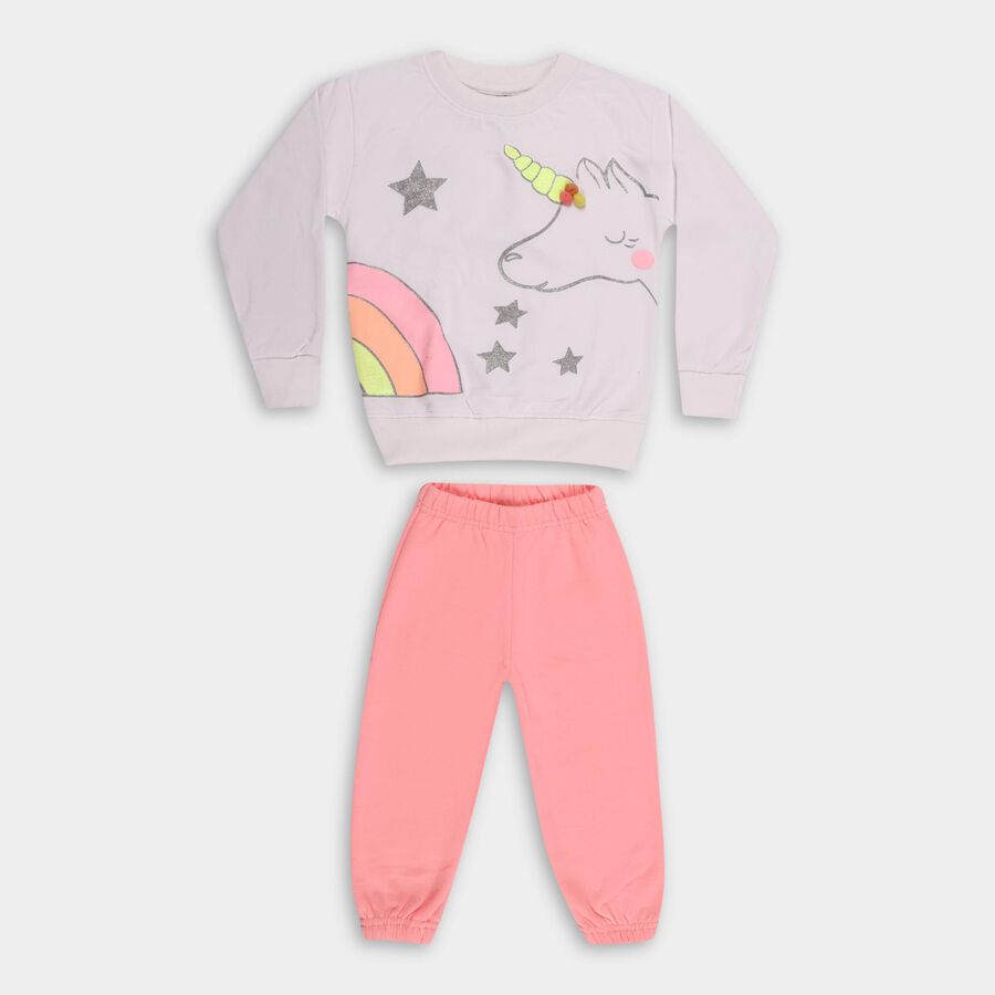 Girls White and Pink Round Neck Casual Hipster Set, सफ़ेद, large image number null