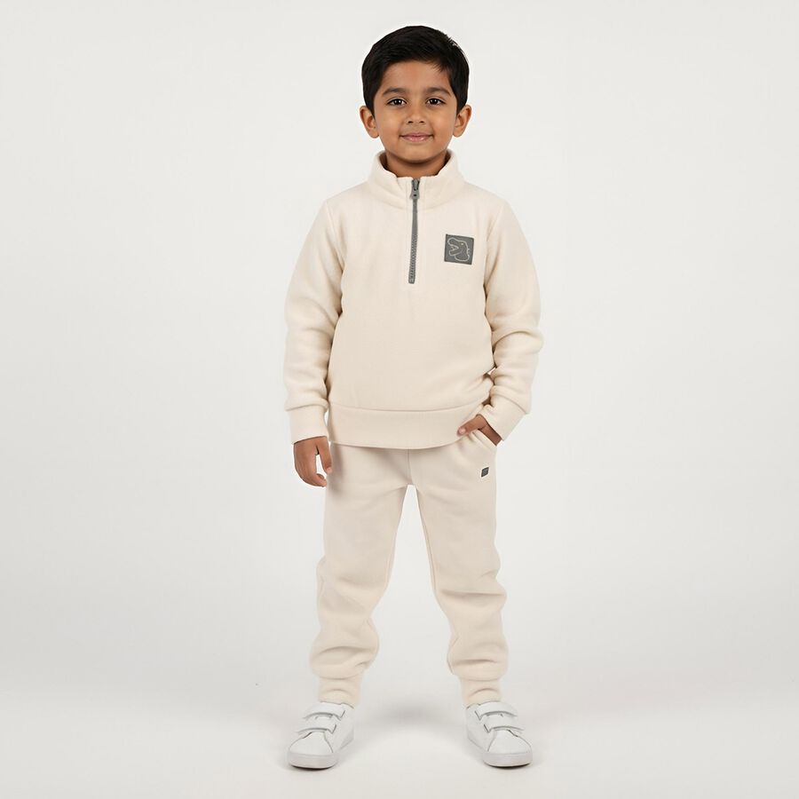 Boys' Beige Mandarin Collar Solid Baba Suit, Beige, large image number null
