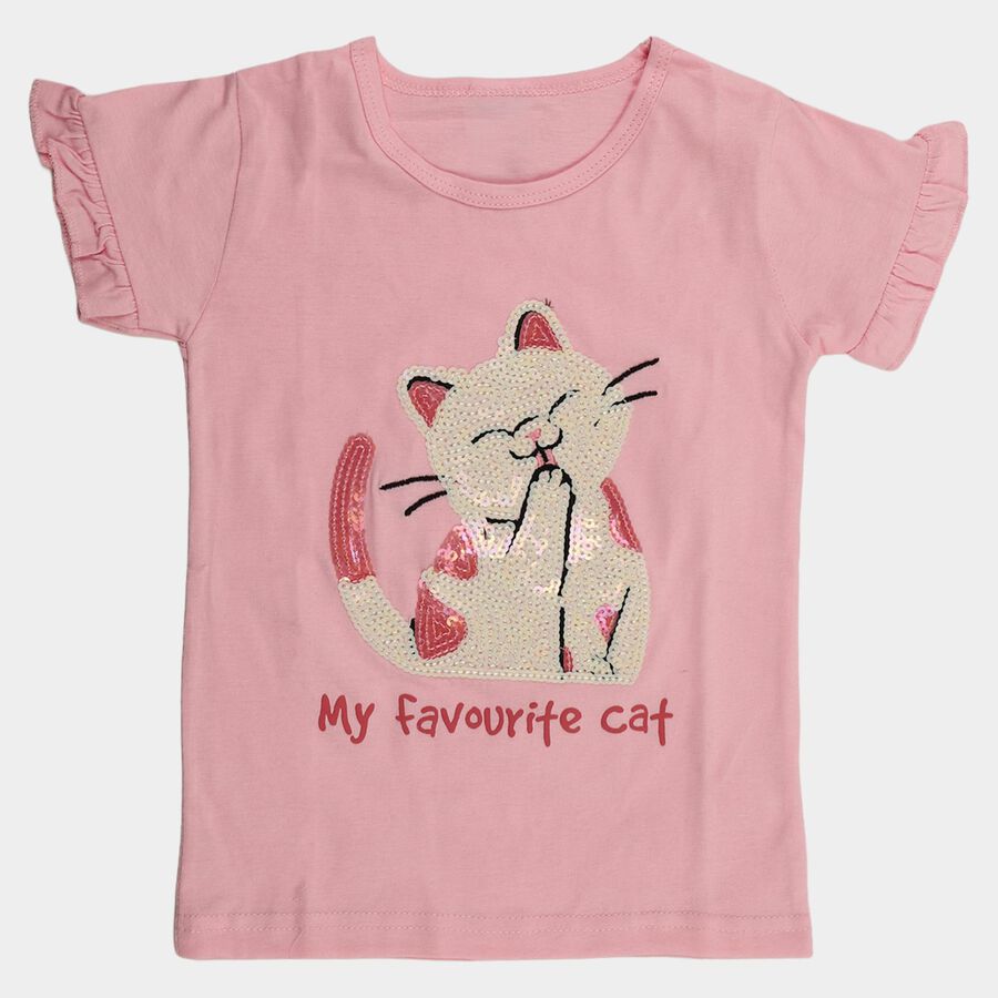 Girls' Pink Cotton Round Neck Ruffle Sleeve Sequined T-Shirt, Light Pink, large