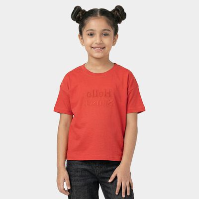 Girls Red Round Neck Casual T-Shirt
