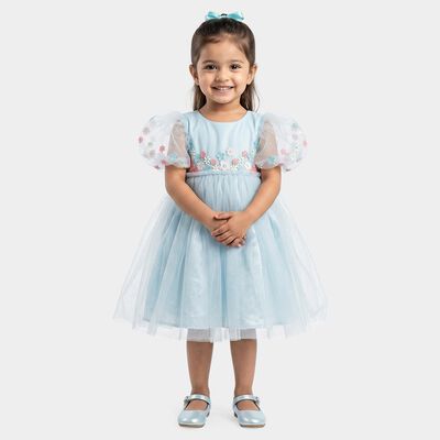 Girls' Light Blue Fit and Flare Embroidered Puff Sleeve Frock