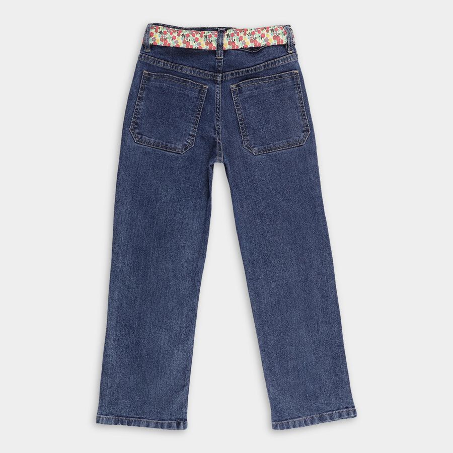 Girls' Deep Indigo Straight Fit Floral Belt Jeans, Mid Blue, large image number null