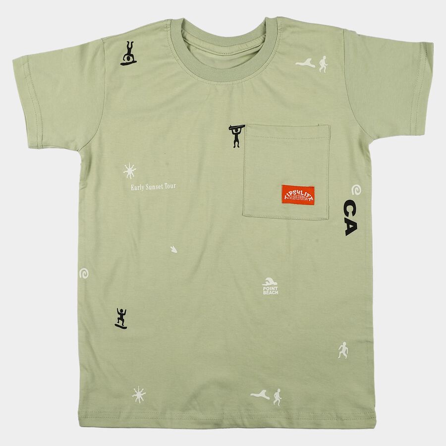 Boys Green Cotton Round Neck Casual Boys T-Shirt, Light Green, large