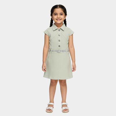 Girls' Light Sage Green Button-Down Collared Frock with Belt