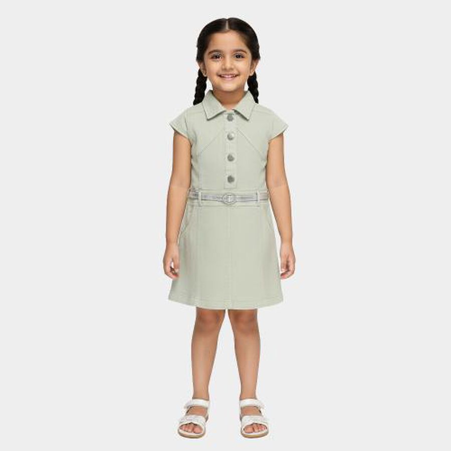 Girls' Light Sage Green Button-Down Collared Frock with Belt, Light Green, large image number null