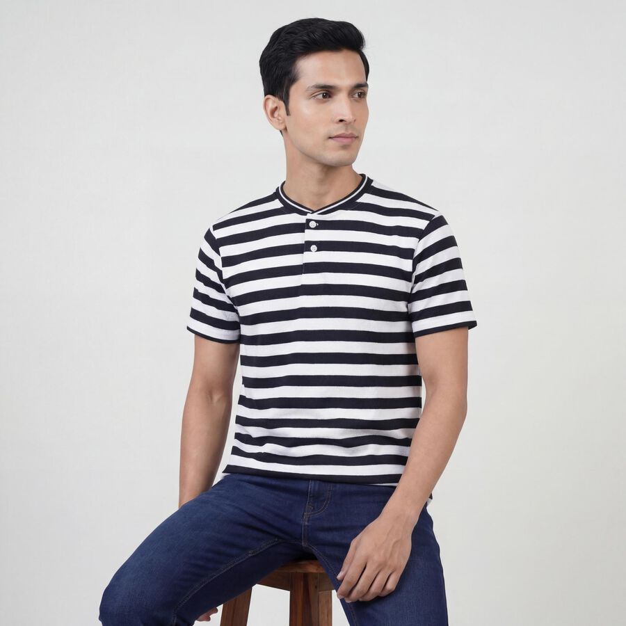 Men's Navy Blue Henley Neck Half Sleeve T-Shirt, Navy Blue, large