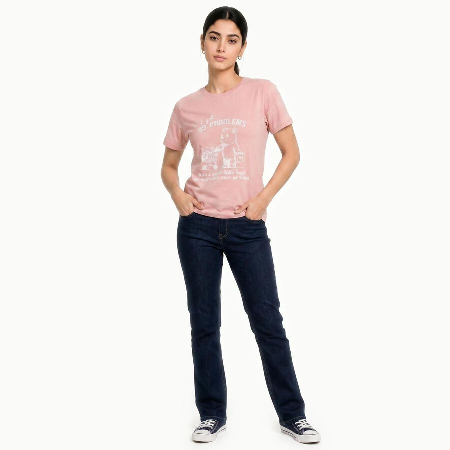 Women's Pink Round Neck Regular T-Shirt, Light Pink, large