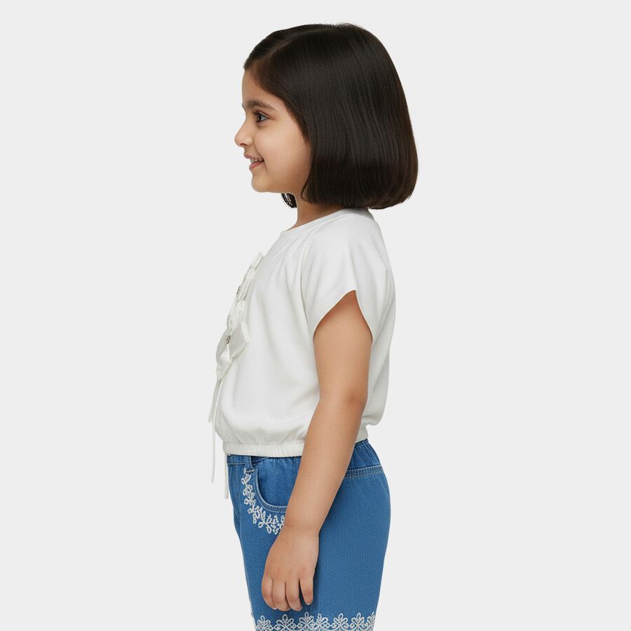 Girls' White Round Neck Romantic T-Shirt, White, large