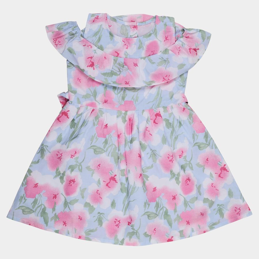 Girls' Light Blue Floral Off-Shoulder Cotton Frock, Light Blue, large