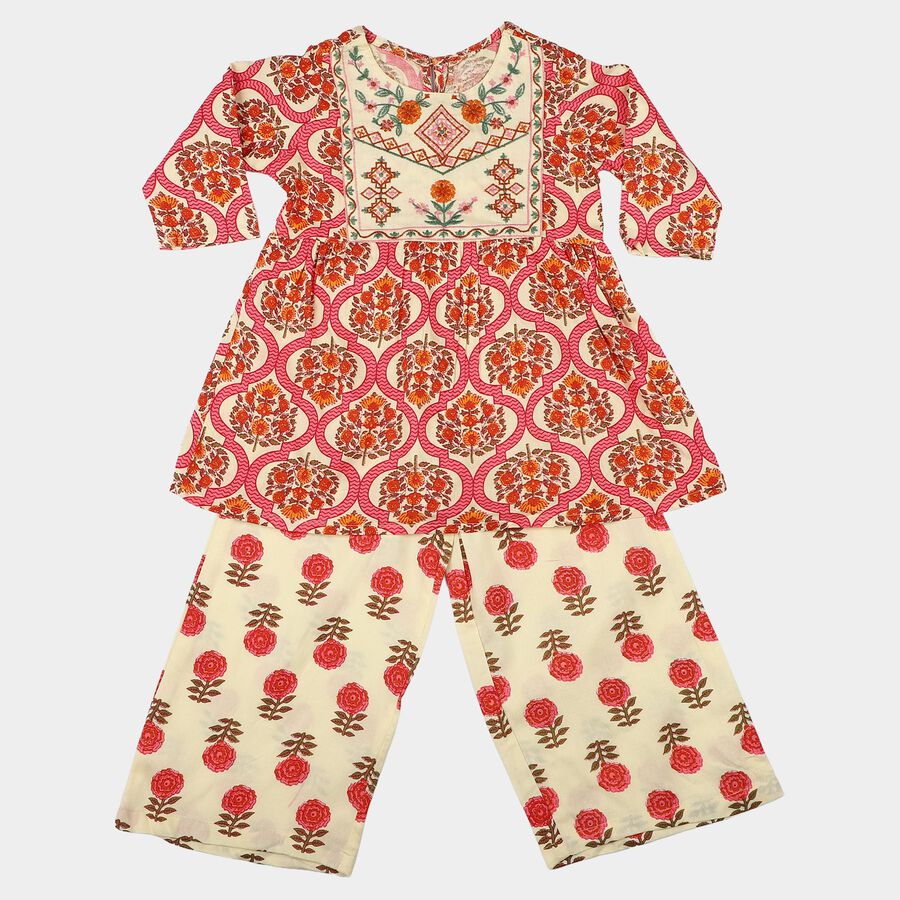 Girls Beige Round Neck Fusion Set Upper and Bottom Set, Beige, large