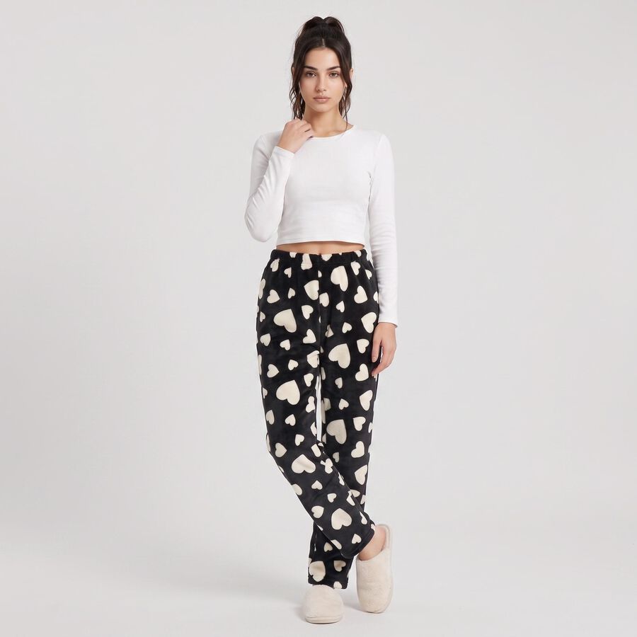 Women's Black Straight Fit Heart Pyjama, Black, large