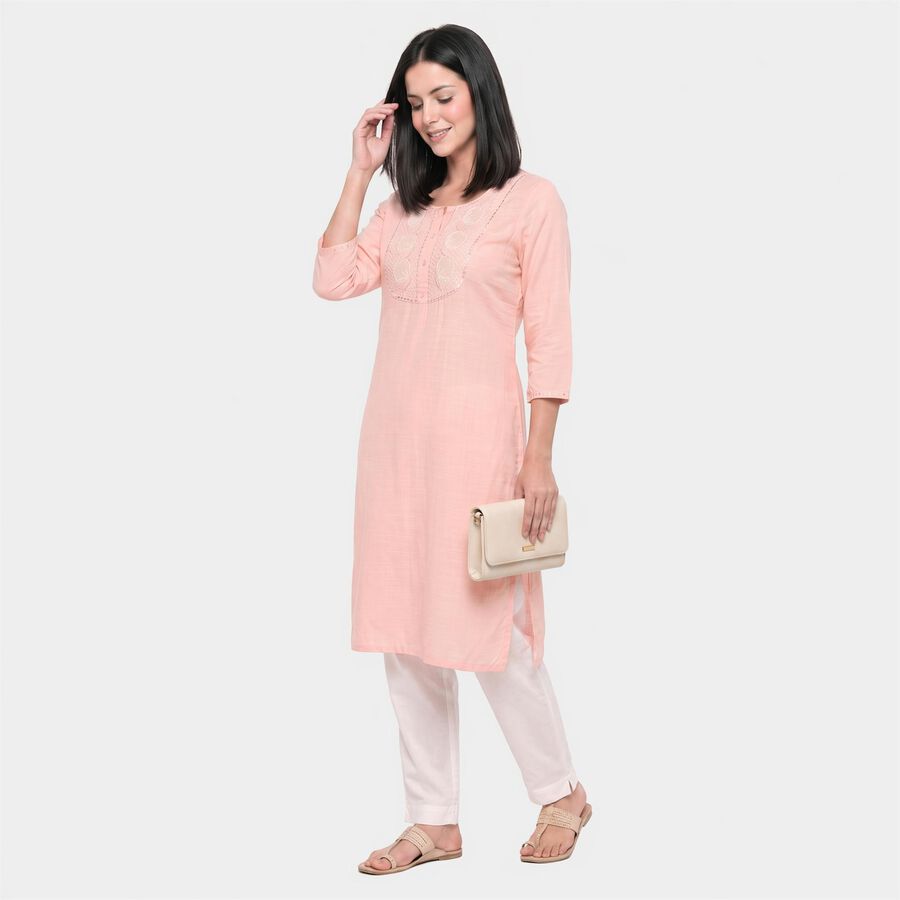 Women's Pink Round Neck Embroidered Kurta, Pink, large
