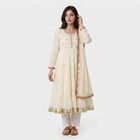 Women's Off White Cotton Round Neck Embellished Anarkali Kurta, ऑफ व्हाइट, small