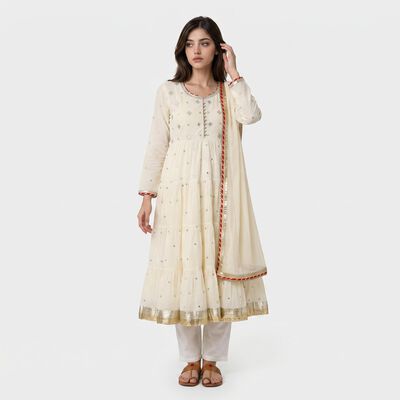 Women's Off White Cotton Round Neck Embellished Anarkali Kurta