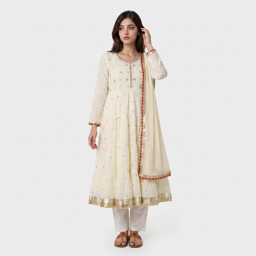 Women's Off White Cotton Round Neck Embellished Anarkali Kurta, ऑफ व्हाइट, large