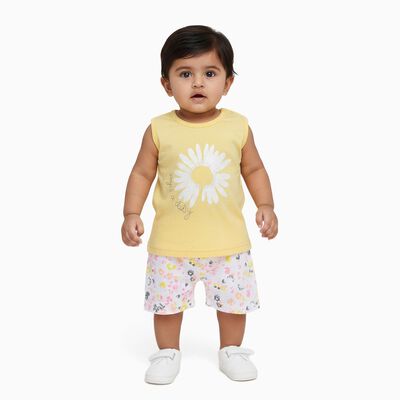 Infant Girl Bright Yellow Cotton Sleeveless Top and Floral Shorts Set