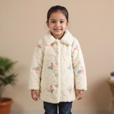 Girls' White Spread Collar Fleece Jacket