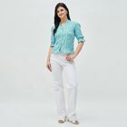 Women's Light Blue Floral Mandarin Collar Shirt, Light Blue, small