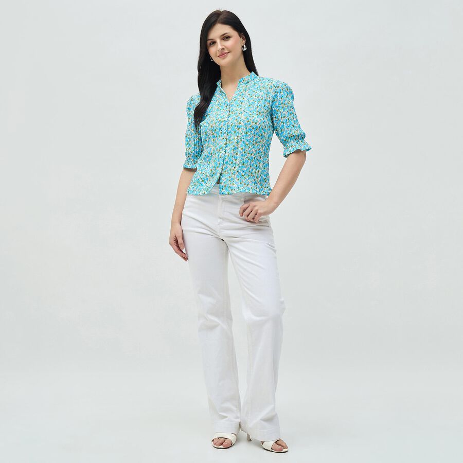 Women's Light Blue Floral Mandarin Collar Shirt, Light Blue, large