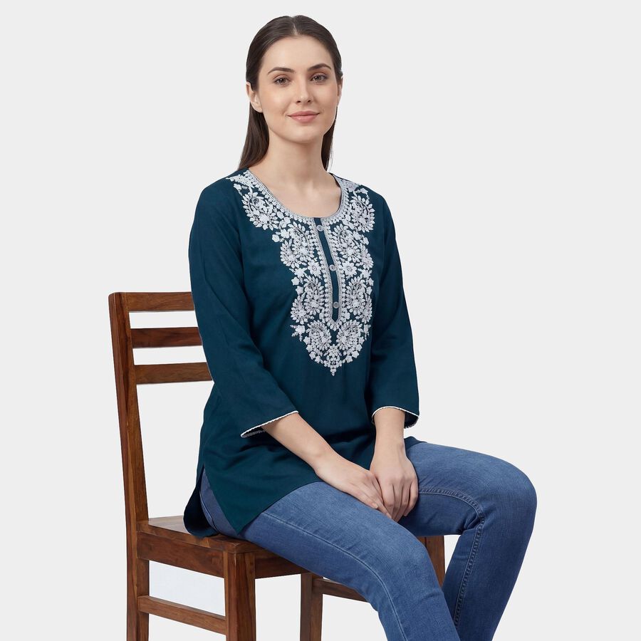 Women's Teal Round Neck Printed Kurti, टील ब्लू, large