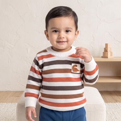 Infants White Crew Neck Striped Pullover