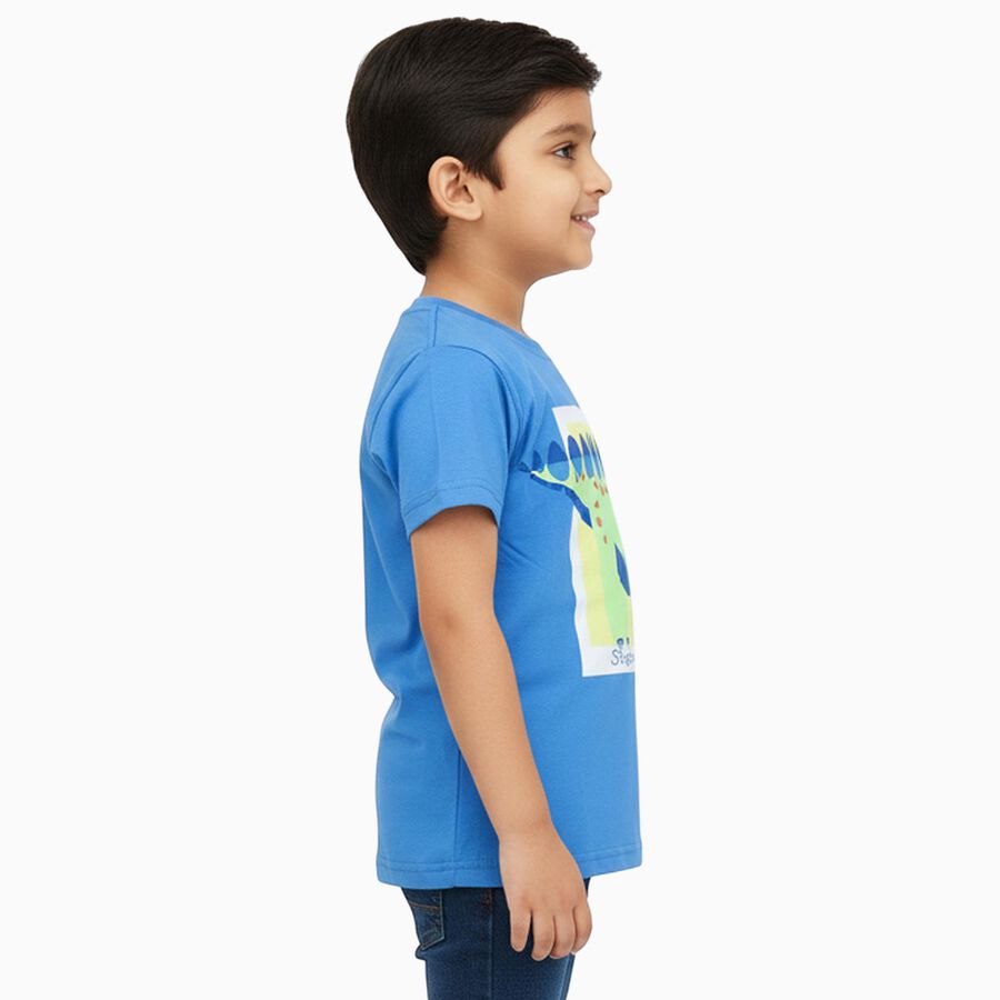 Boys Bright Sky Blue Cotton Round Neck Casual T-Shirt, Mid Blue, large image number null