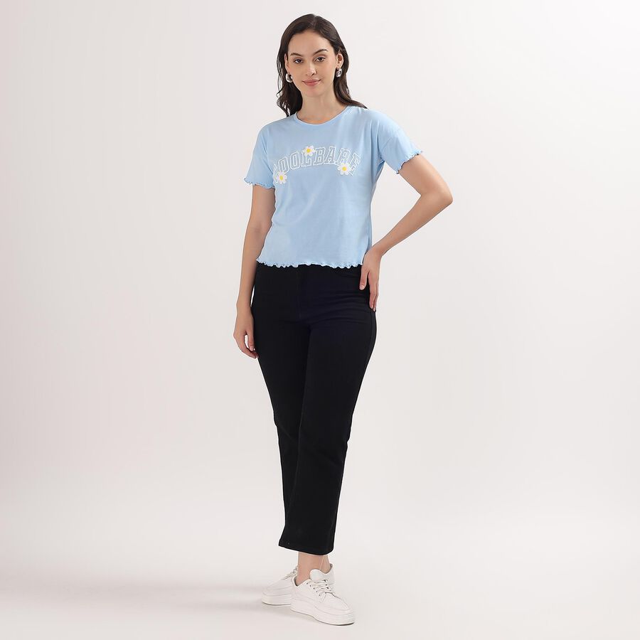 Ladies' Light Blue Cotton Crop-Length Round Neck T-Shirt, Light Blue, large image number null