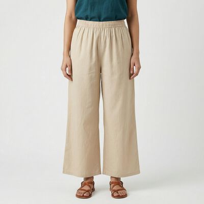 Women's Beige Wide-Leg Elastic Waist Palazzos