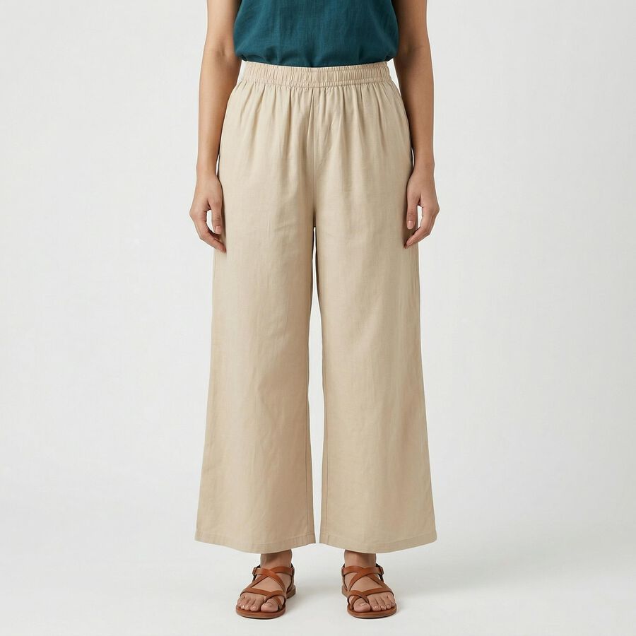 Women's Beige Wide-Leg Elastic Waist Palazzos, Beige, large