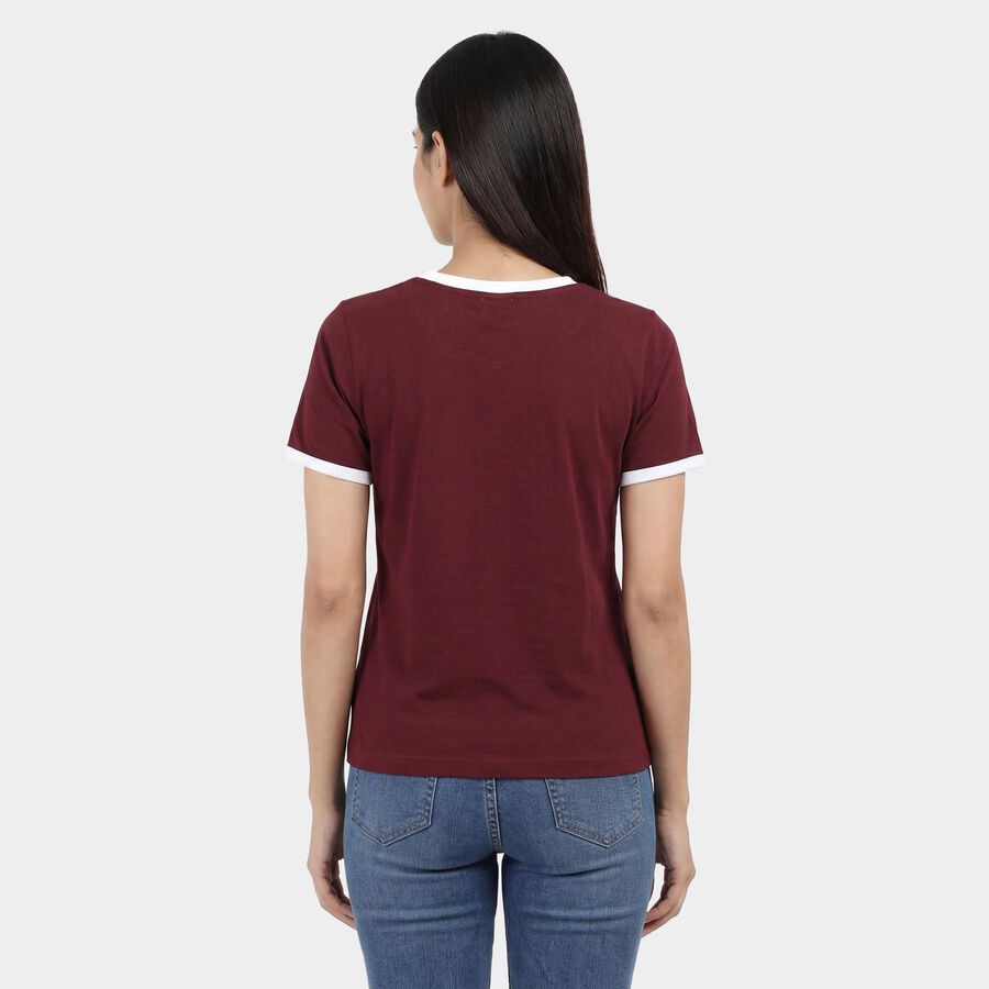 Women's Wine Round Neck Casual T-Shirt, Wine, large