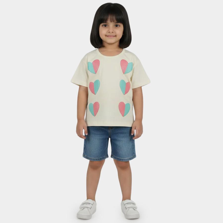 Girls White Cotton Round Neck Casual T-Shirt, White, large