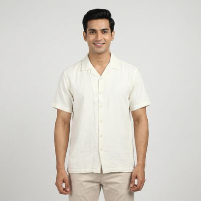 Men's Cream Camp Collar Casual Shirt