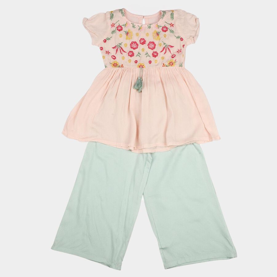 Girls Light Pink Round Neck Fusion Set Upper and Bottom Set, Light Pink, large