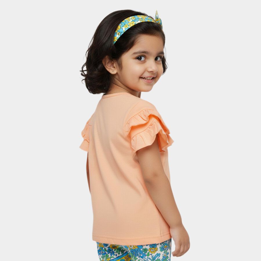 Girls Peach Cotton Round Neck Romantic T-Shirt, पीच, large