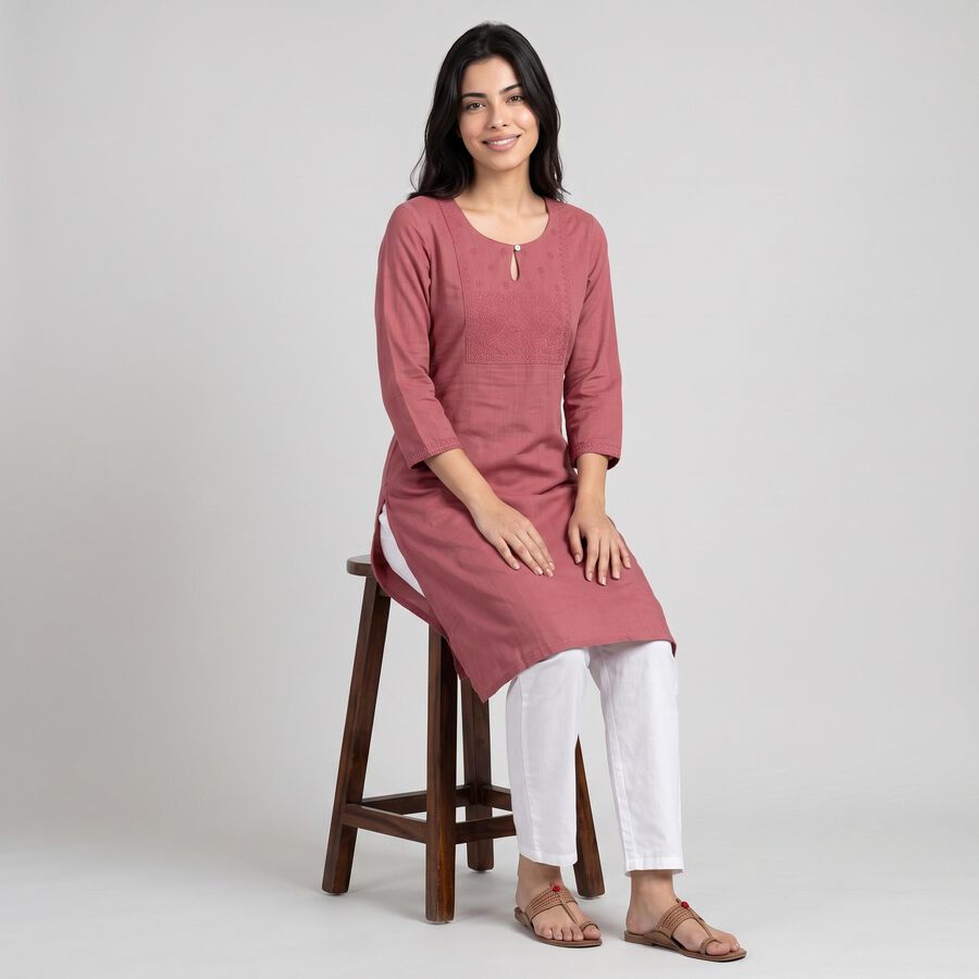 Women's Purple Keyhole Neck Embroidered Kurta, Purple, large
