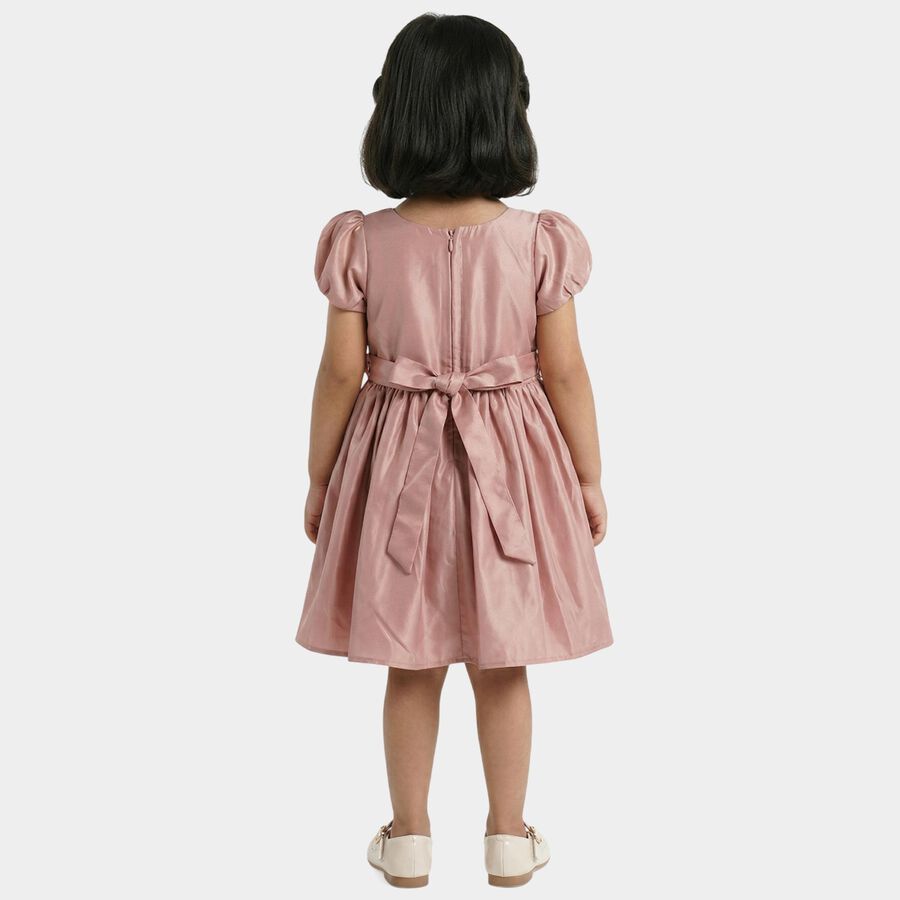 Girls' Pink Puff Sleeve Floral Belt Party Frock, गुलाबी, large