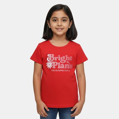 Girls' Fuchsia Cotton Round Neck Graphic Printed T-Shirt