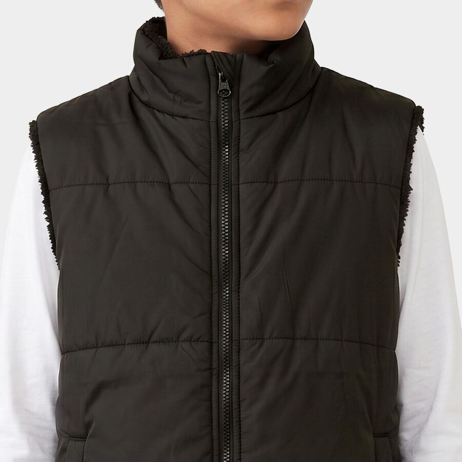 Boys Black Stand Collar Puffer Jacket, Black, large