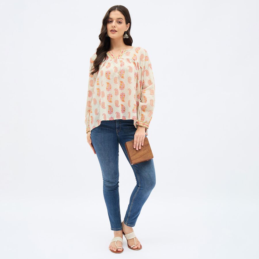 Women's Muted Eggshell White V-Neck Floral Printed Kurti, Off White, large image number null