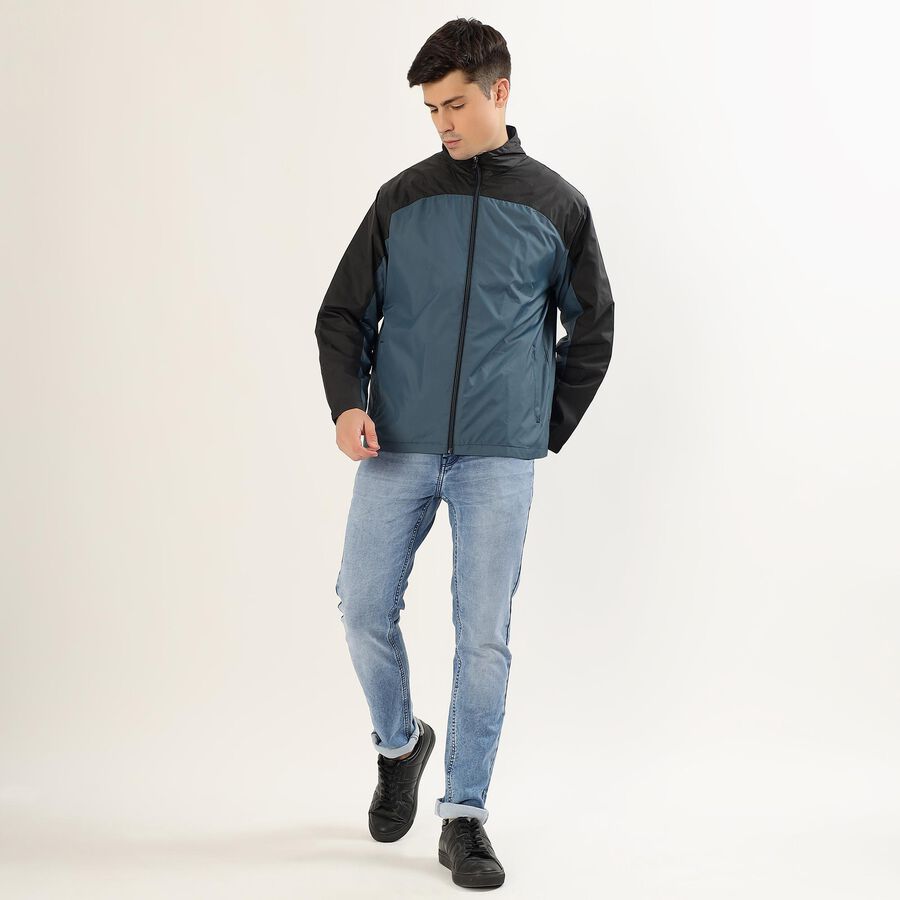 Men's Muted Steel Blue and Jet Black High Neck Casual Jacket, टील ब्लू, large image number null