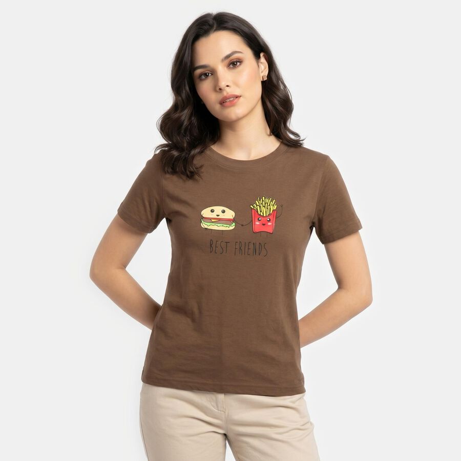 Women's Brown Cotton Round Neck Regular T-Shirt, Brown, large