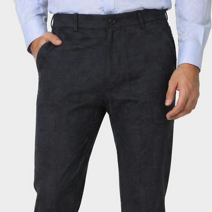 Men's Navy Blue Slim Fit Checked Casual Trousers, नेवी ब्लू, large