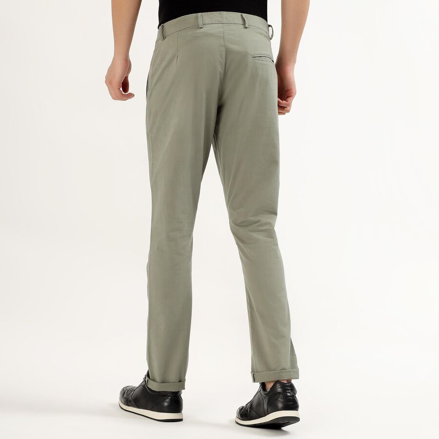 Men's Muted Olive Green Slim Fit Flat-Front Casual Trousers, Light Green, large