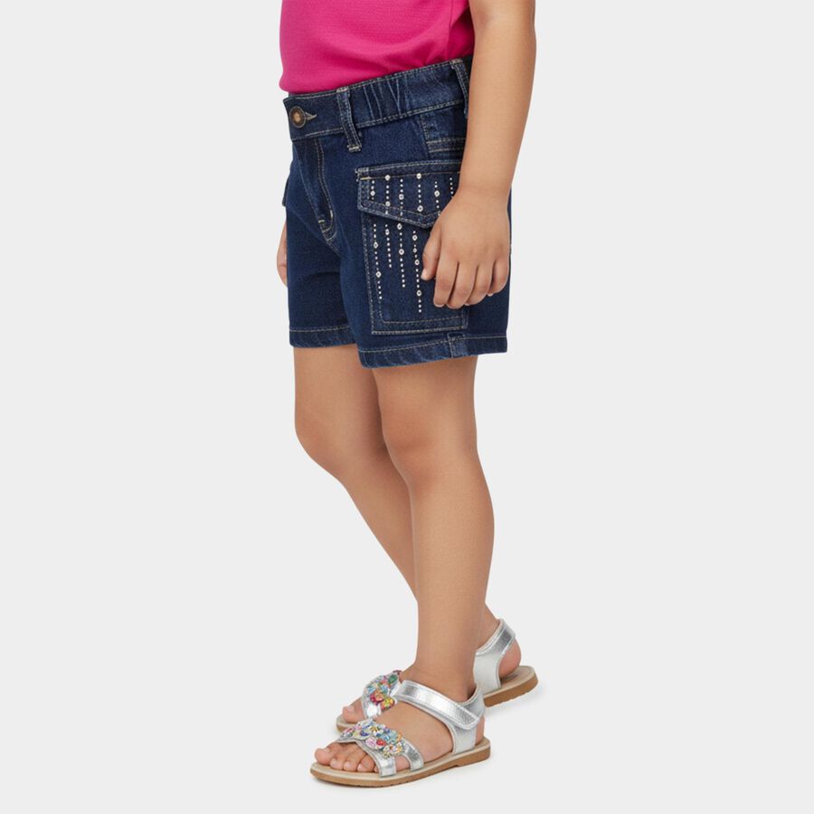 Girls' Blue Rhinestone Embellished Denim Shorts, Dark Blue, large