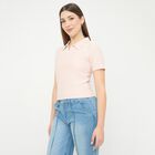 Women's Bright Pink Polo Collar Casual T-Shirt, गुलाबी, small