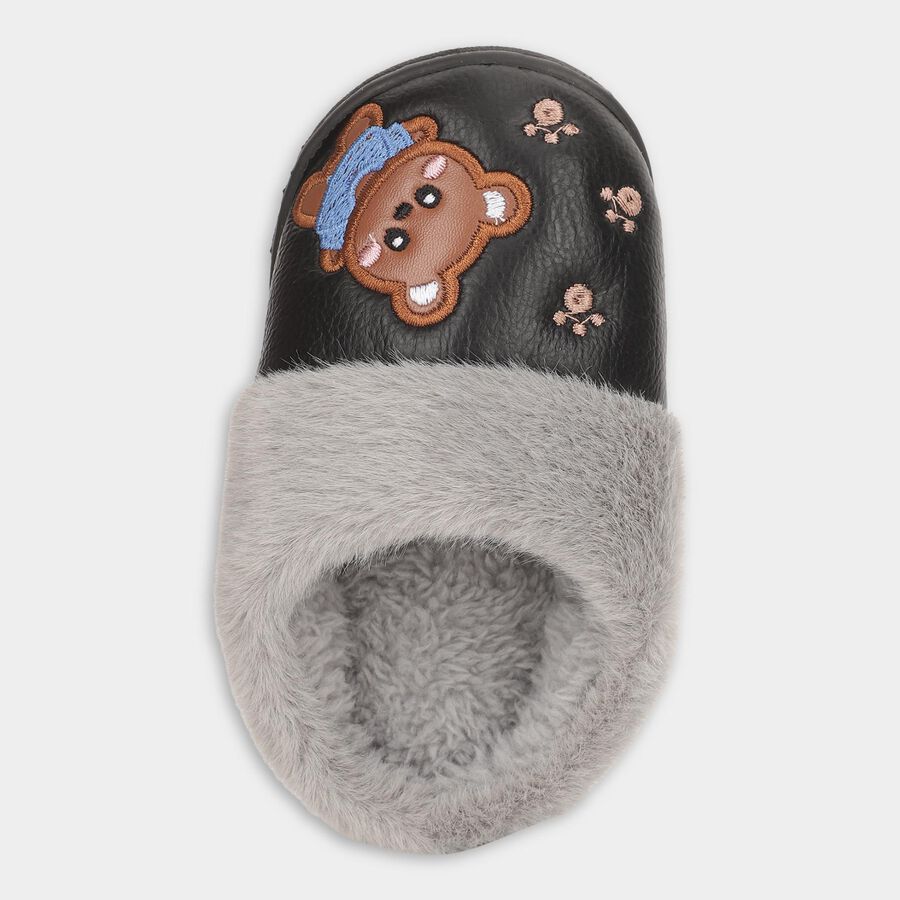 Kids Jet Black and Light Grey Fur Lined Slip-On Winter Slippers, काला, large image number null