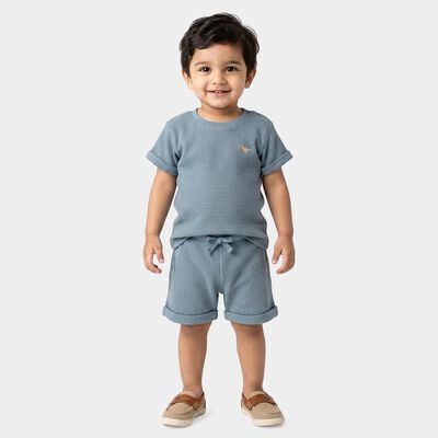 Infants' Light Blue 100% Cotton Round Neck Embroidered Baba Suit