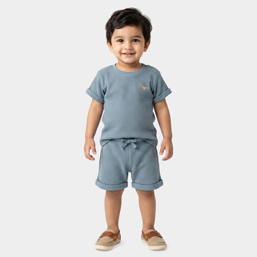 Infants' Light Blue 100% Cotton Round Neck Embroidered Baba Suit, Teal Blue, large