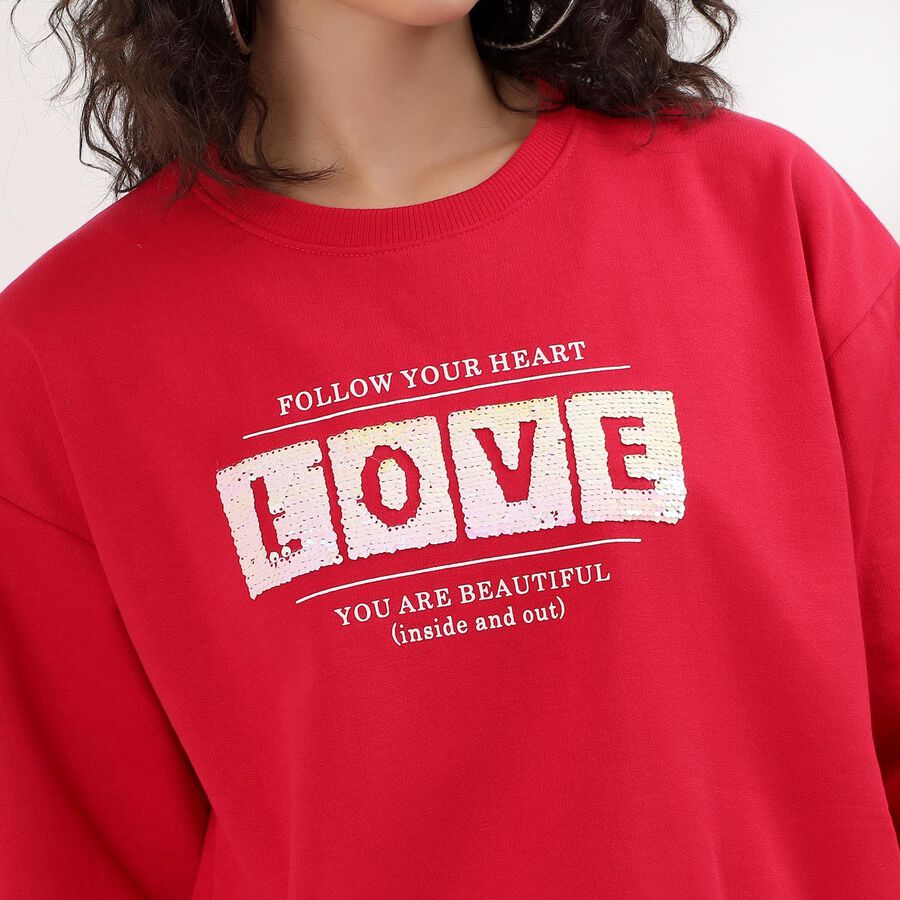 Women's Bright Cherry Red Crew Neck Casual Sweatshirt, रानी (फ्यूशिया), large image number null