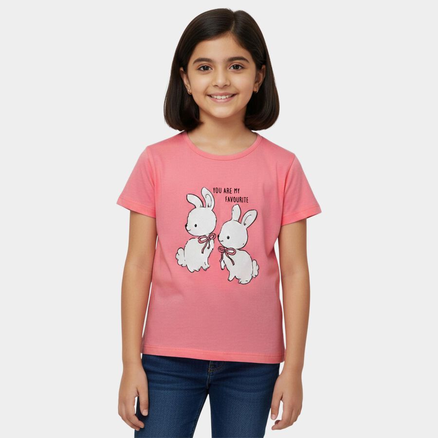 Girls' Pink Round Neck Graphic Printed T-Shirt, गुलाबी, large